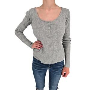 Lilu Womens Sz M Scoop Neck Ribbed Long Sleeve Shirt Light Gray